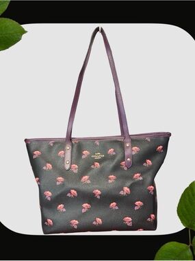 Coach Black Tote with Pink Floral Print and Purple Straps